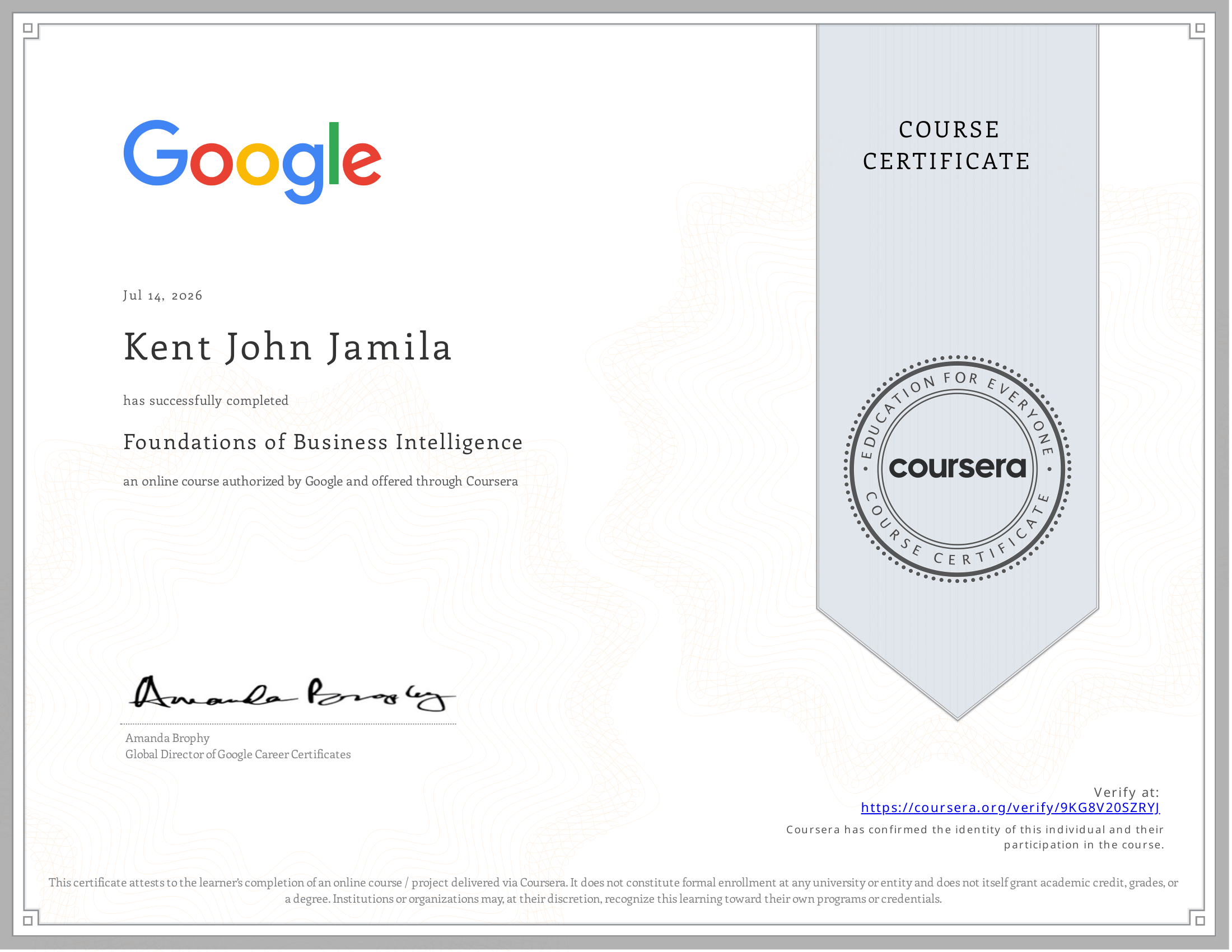 Foundations of Business Intelligence certificate